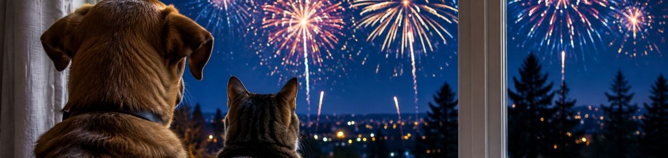 Cat and dog watching fireworks