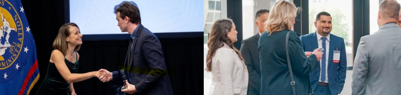 Man and Women shaking hands and a group of business professionals talking