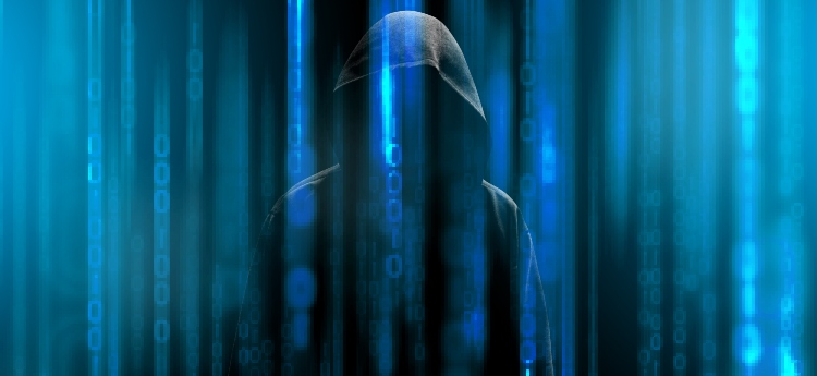 Hooded figure behind distorted binary code