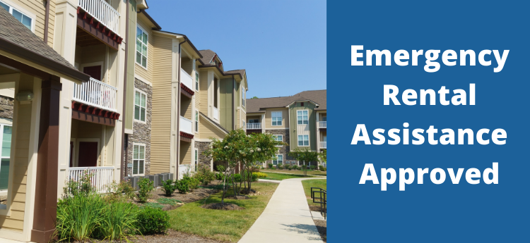 Apartment Complex with text that reads "Emergency Rental Assistance Approved"