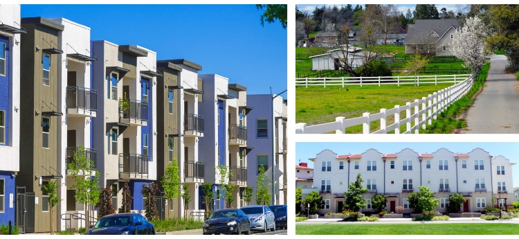 Collage of various types of housing including apartments, townhouses, and ranches.