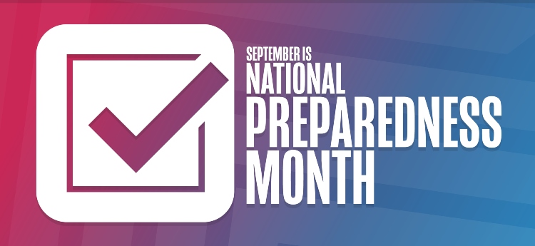 Red and blue gradient background with a large check mark and text that reads "September is National Preparedness Month"