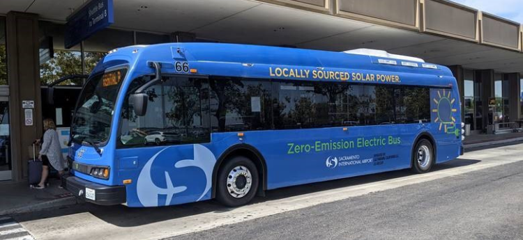 New zero-emission bus outside Sacramento International Airport 