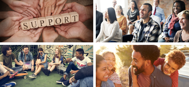 Collage of Photos - Hands holding blocks that read "SUPPORT" and groups of friends