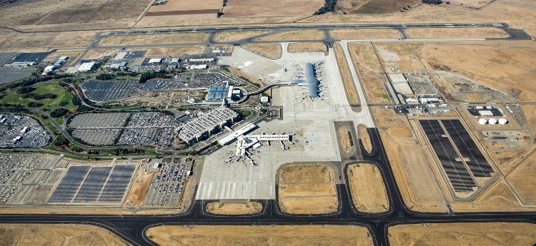Aerial view of Sacramento International Airport emphasizing the solar farm
