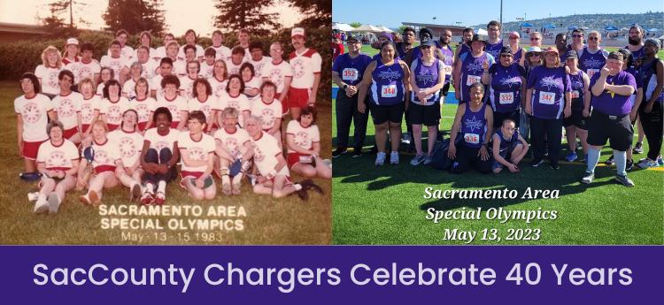 "SacCounty Chargers Celebrate 40 years" image of team in 1973 next to image of team in 2023 