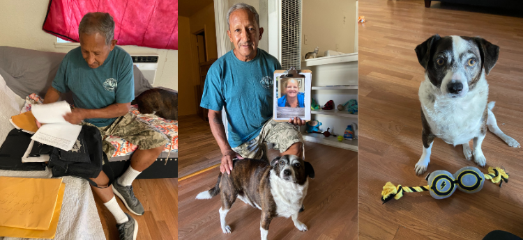 Three photos side by side. The first is Antonio and his dog; second is Antonio filling out paperwork; third Antonio's dog