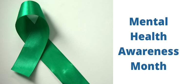 Green ribbon with caption that reads "Mental Health Awareness Month" 